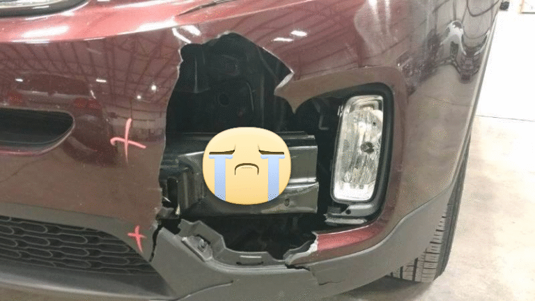 SUV with front bumper collision damage before repair at Burnside Express Collision Greenwood Indiana auto body shop.