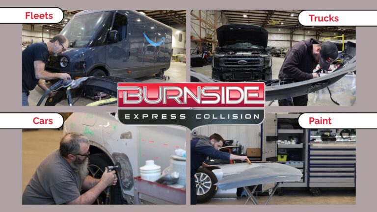 Burnside Express Collision technicians repairing fleet vehicles, trucks, and cars with professional paint and auto body services at the Zionsville and Indianapolis locations